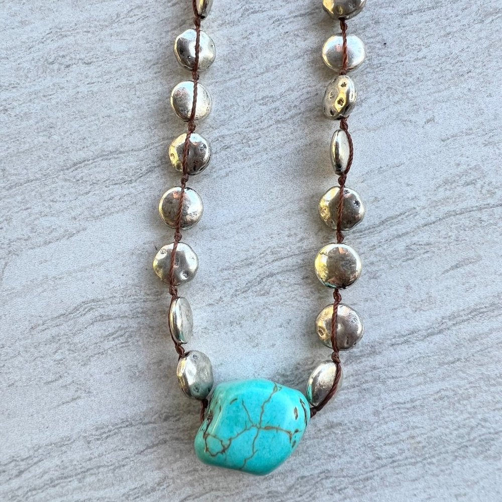 Lucky Brand boho necklace Turquoise bead with silver tone beads on knotted cord